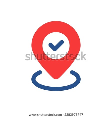 tick inside red pinpoint like right location place. flat simple trend modern logotype graphic abstract web design isolated on white. concept of mobile app popup element or easy show geolocation