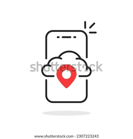 thin line cell phone with data server location icon. linear trend modern logotype graphic design web element isolated on white. concept of info or content share badge or global database pictogram