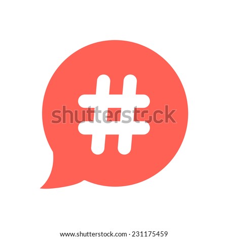 white hashtag icon in red speech bubble. concept of number sign, social media and web communicate. isolated on white background. flat style trendy modern vector illustration