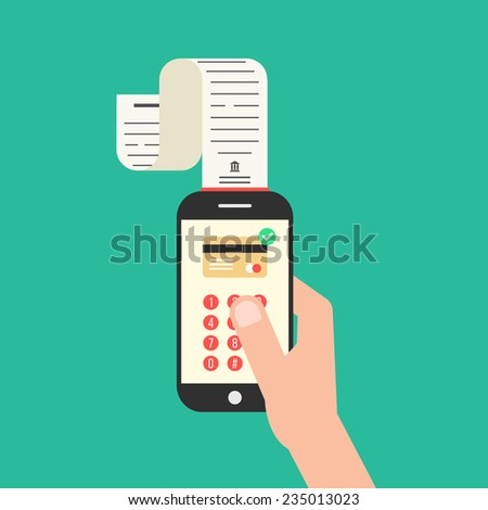 hand holding smartphone with shopping check. concept of mobile payments, e-commerce and apple pay for service. isolated on green background. flat style trendy modern design vector illustration