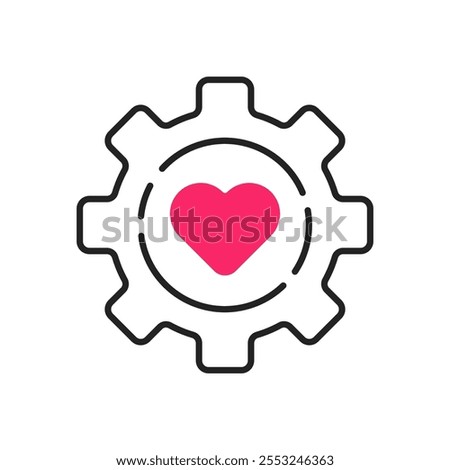 pink heart with gear like biotechnology icon. flat simple style trend modern abstract love logotype graphic art design element isolated on white. concept of machine health badge or industrial factory