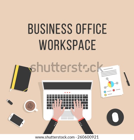 business office workspace with laptop. concept of teamwork, audit, coworking center, freelancer, distant work, planning, mock up, consulting. flat style trendy modern design eps10 vector illustration