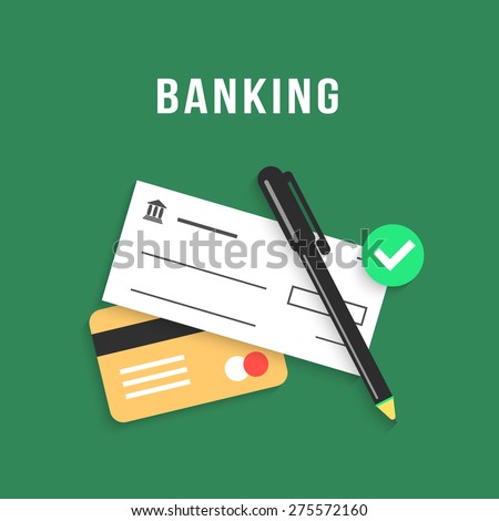 banking with charge card and bank check. concept of repay debt, ecommerce, transaction, economy, budget, savings. isolated on green background. flat style trendy modern design vector illustration