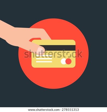 hand holding credit card in red circle. concept of e-commerce, earnings, atm, debt, swipe, deposit, terminal, identification, expend, shopper. flat style trend modern design vector illustration