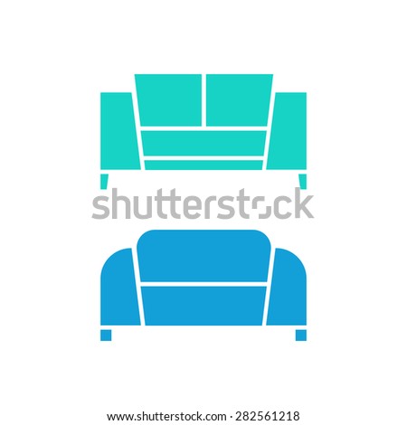 two green and blue sofas. concept of relax luxury, apartment object, recreation area, furniture store or shop. isolated on white background. flat style trend modern logotype design vector illustration