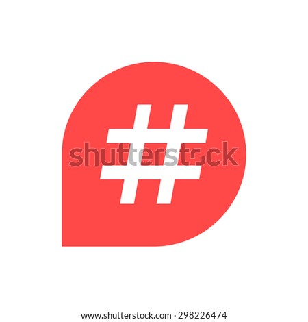 hash tag icon in red bubble. concept of number sign, social media, micro blogging, web communicate, pr, popularity. isolated on white background. flat style trend modern logo design vector illustration
