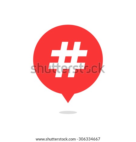 red speech bubble with hash tag and shadow. concept of number sign, social media, micro blogging, pr, popularity. isolated on white background. flat style trend modern logo design vector illustration