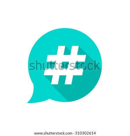 green bubble with hashtag and long shadow. concept of number sign, social media, micro blogging pr popularity. isolated on white background. flat style trend modern logotype design vector illustration