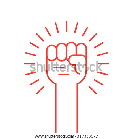 thin line red hand up icon. concept of soviet, radical, patriotic, solidarity, uprising, propaganda, military. isolated on white background. flat style modern logotype design vector illustration