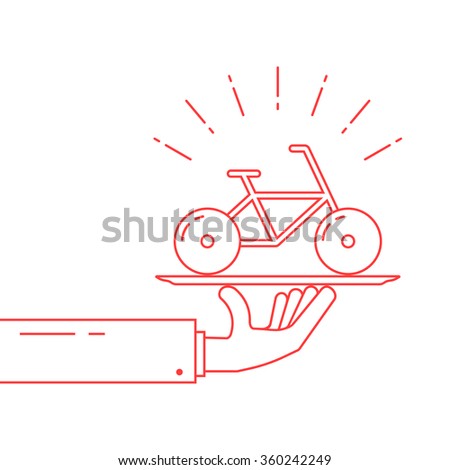 red thin line hand holding bicycle on dish. concept of rent-a-bike, velocipede, bicyclist journey, tour, present, trip. isolated on white background linear style modern logo design vector illustration