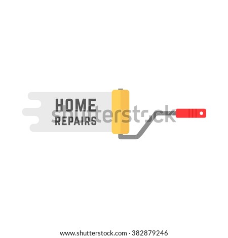 home repairs logo with roller. concept of renewal, housework, diy, company label, platen, decorator, dyeing, hang wallpaper. flat style modern logotype design vector illustration on white background