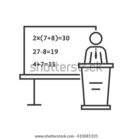 black thin line mathematic teacher. concept of qed, explain, multiplied, wisdom, mentor, college, profession, show. flat outline style trend modern logo design vector illustration on white background