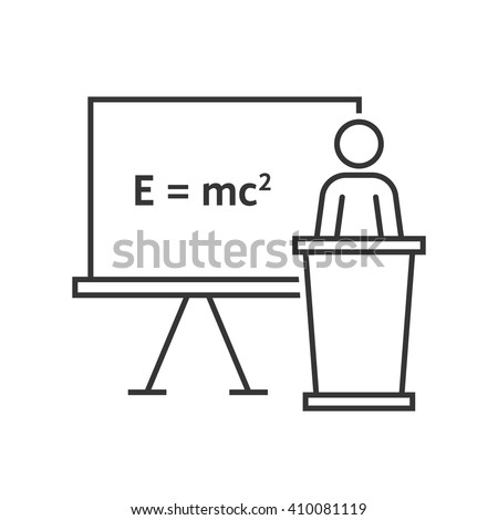 thin line physics teacher. concept of emc, emc2, theorem, podium desk, rule, pedagogy, qed, math, stick figure, physicist. flat style trend modern logo design vector illustration on white background