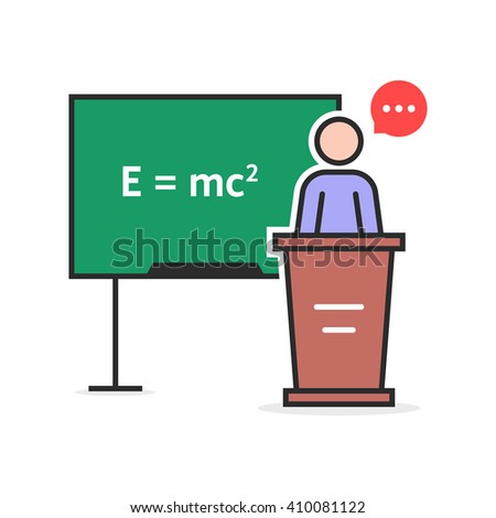 color linear physics teacher. concept of emc, emc2 theorem, podium desk, rule, pedagogy, qed, math, stick figure, physicist. flat style trend modern logo design vector illustration on white background