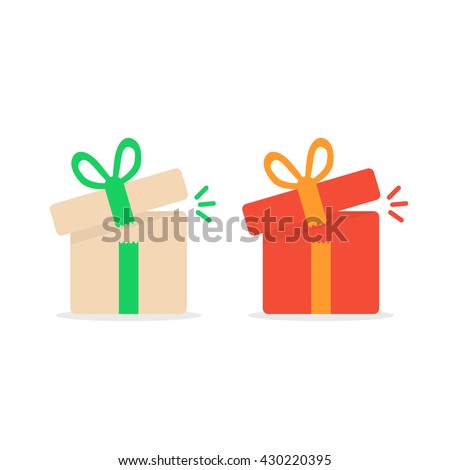 opened color gift boxes. concept of minimal kit, marvel, precious, giftbox strip, wonder, miracle, magic, xmas season, parcel. flat style logo graphic design vector illustration on white background