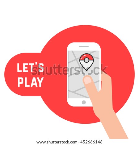 hand holding phone with game. concept of go party, exciting, ar, adornment, competition, old game, trainer, equipment. flat style trend modern logotype design vector illustration on white background