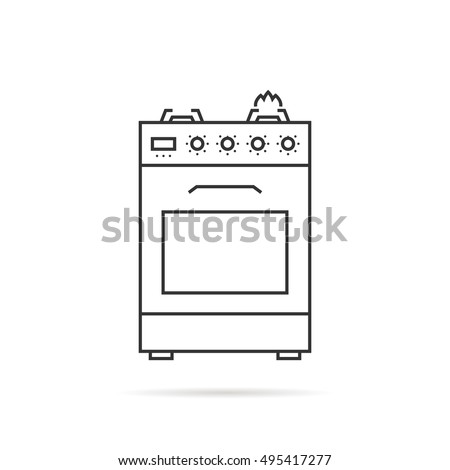 thin line gas stove icon with shadow. concept of combined heater, dinner cooking, bake, indoor preparation, fully equipped. flat style trend modern logo graphic design on white background