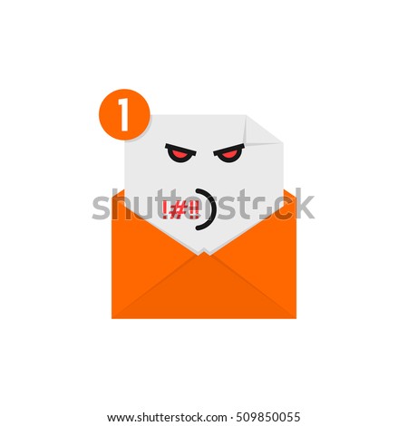 rude emoji in orange letter notification. concept of newsletter, spam, negative e-mail, mood, communication, offense, quarrel, furious. flat style trend modern logo graphic design on white background
