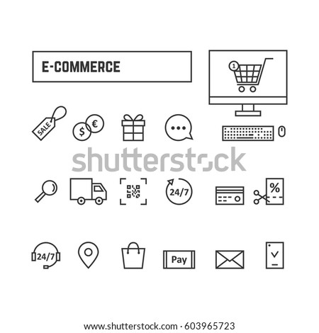 thin line black set icons online shopping. concept of linear website, market geoloc shipping, 24/7 chat tag, qr code scan ui. flat style logo graphic art banner design illustration on white background