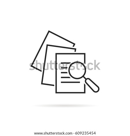 business scrutiny assess with glass. concept of plan, success proven, verify service, critique process and investment risk. flat logotype annual quiz examination graphic art design on white background