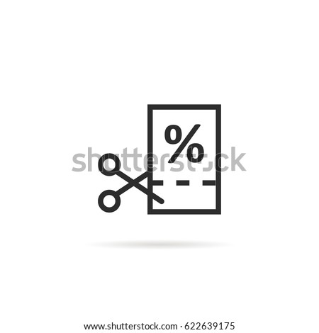 thin line black scissors cuts discounts coupon. concept of sell off in online supermarket at low prices or half value. stroke flat style trend logotype graphic art design isolated on white background