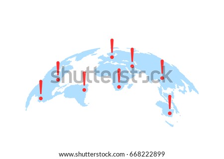 world map with abstract epicenters of cyber attacks or disasters. concept of warning sign of international terrorism. simple flat style trend modern logo graphic design isolated on white background