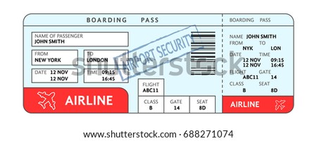 airport ticket with filled fields and security service mark. simple flat style trend modern graphic line design isolated on white background. concept of blank doc sign for air travel and boarding pass