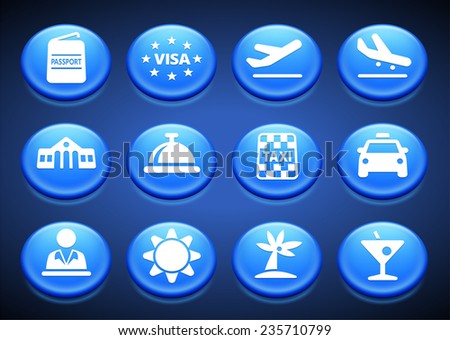 Business Travel and Tourism on Blue Round Buttons
