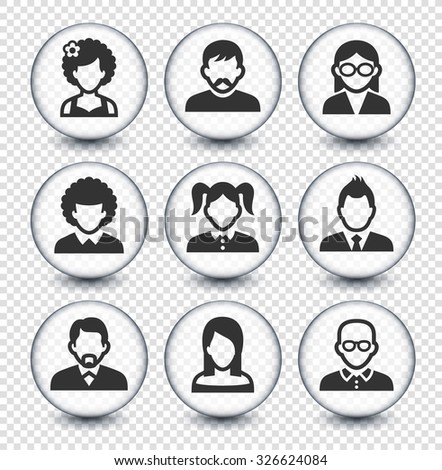 People Face Set on Transparent Round Buttons