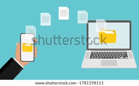 File transfer concept, sharing files between devices with folders on screen and transferred documents, Backup files, flat icon. Vector illustration