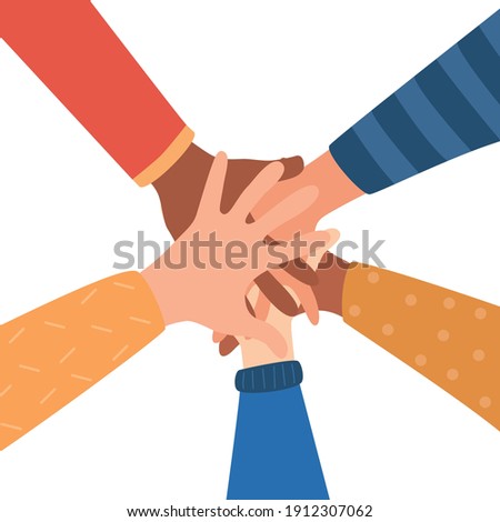 Hands of diverse group of people putting together. Concept of cooperation, togetherness, teamwork. Flat vector illustration.