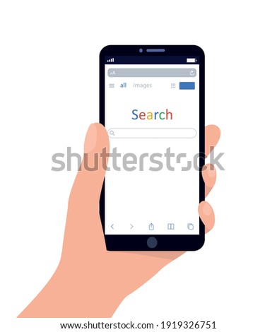 Hand holding smartphone with search browser window on the screen. Web search. Tab. Flat vector illustration