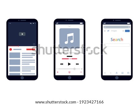 Set smartphones with apps on screens. Video, music, browser. Isolated over white background. Flat vector illustration