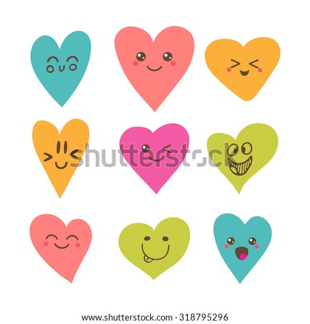Funny happy smiley hearts. Cute cartoon characters. Bright vector set of heart icons. Creative hand drawn hearts with different emotions. Vector illustration