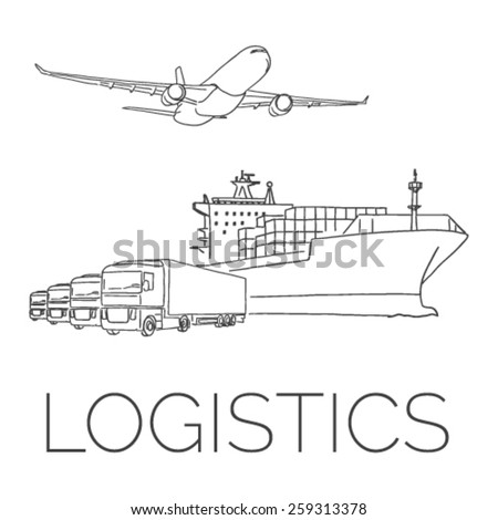 Logistics Sign With Plane, Trucks And Container Ship Vector ...