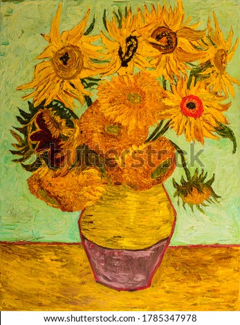 Sunflowers. Beautiful oil painting on canvas. Sunflowers in vase . Based on the painting Gogh
