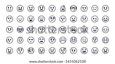 Emojis faces flat style icon set design, Cartoon expression cute emoticon character profile facial toy adorable and social media theme Vector illustration