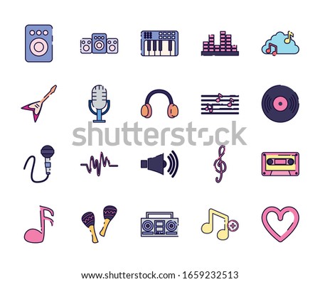 fill style icon set design, Music sound melody song musical art and composition theme Vector illustration