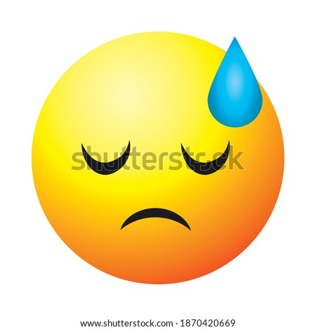 downcast emoji face with sweat drop over white background, colorful design, vector illustration