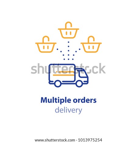 Delivery services, distribution concept, multiple shopping orders combined in one box for shipping, vector line icon