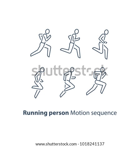 Running person side view line icon, motion sequence set, outline runner logo, marathon and triathlon running concept, vector thin stroke linear design