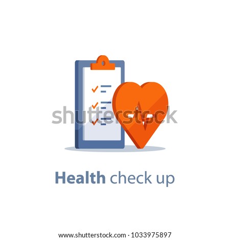 Health check up checklist, cardiovascular disease prevention test, heart diagnostic, electrocardiography service, undergo ecg procedure, medical checkup clipboard, hypertension risk, vector flat icon