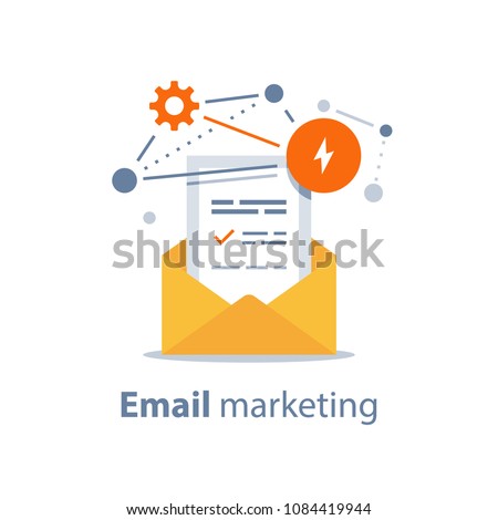 Email marketing strategy, newsletter concept, opened envelope, writing letter, news summary, fishing email, cyber crime, spam attack protection, fraud technology, vector icon, flat illustration 