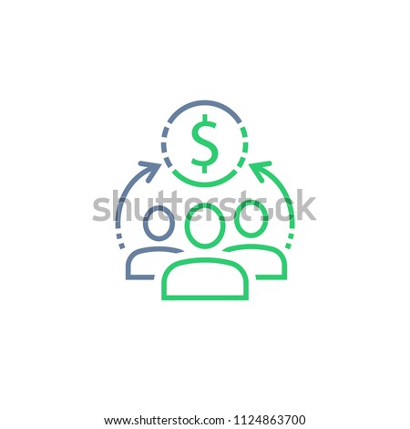 Sharing economy concept, financial management, mutual fund, corporate service, new business investment, crowd sourcing, market research, vector line icon