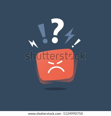 Negative thinking, bad experience feedback, unhappy client, difficult customer, poor service quality, angry red face, mad emoticon sticker, hate and furious, vector icon, flat illustration