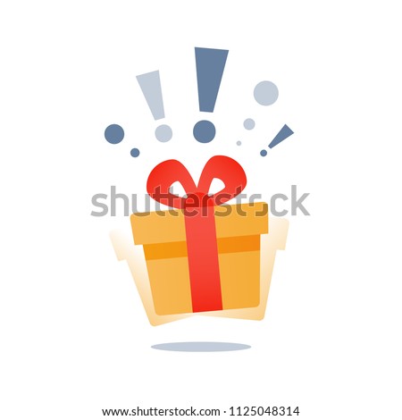 Delight present, surprise yellow gift box, birthday celebration, special give away package, loyalty program reward, wonder gift with exclamation mark, vector icon, flat illustration