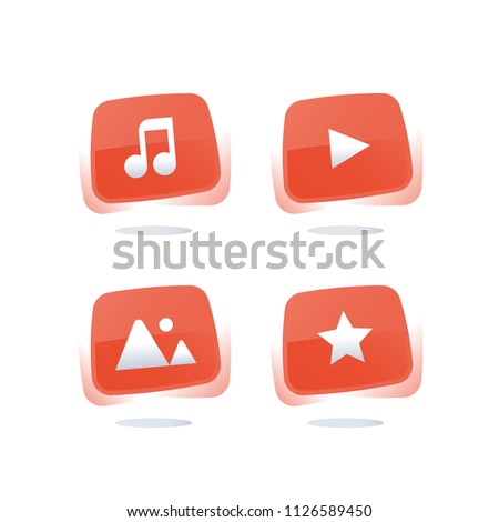 Media red web buttons, online music service, watch streaming video, download audio file, favorite movie, entertainment resources, application concept, vector flat icons