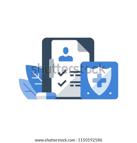 Medical insurance, health care policy, shield with cross, hospital services, preventive check up, sick leave certificate, volunteer enrollment program, vector flat icon