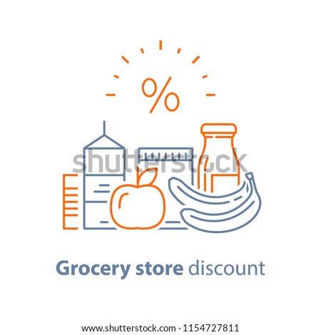 Grocery food and drink, pile of products, consumption concept, retail store loyalty program, supply and demand, food choice abundance, vector line icon, thin stroke