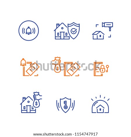 House burglary, break in home, security service, video camera surveillance, alarm bell guard system, robbery prevention, intrusion protection, property insurance, pick up door lock, vector line icon